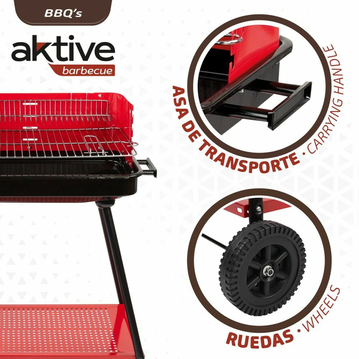 Barbacoa de Carbón con Ruedas Aktive Acero Plástico 66 x 44 x 85 cm Rectangular Rojo